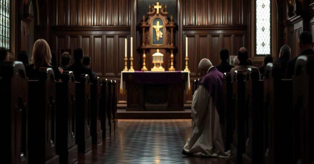 Ciemne wnętrze tradycyjnego kościoła z kapłanem modlącym się przed Najświętszym Sakramentem