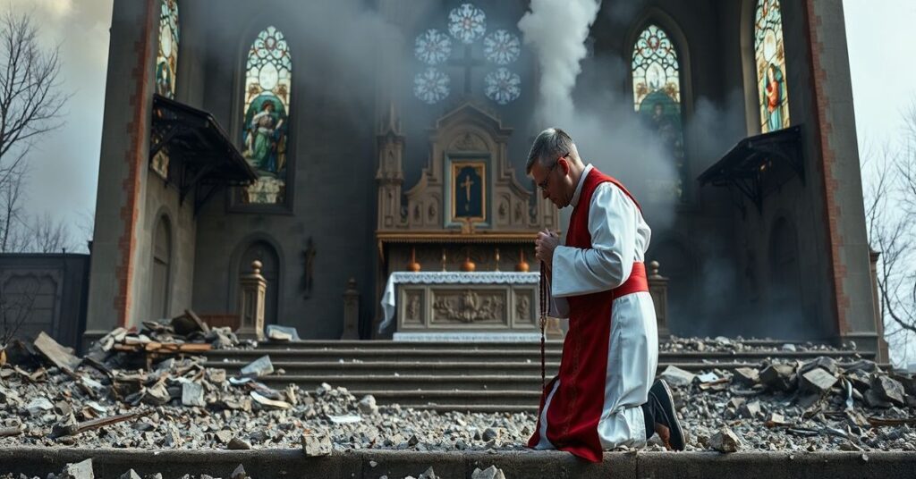 Kapłan w tradycyjnych szatach modlący się przed zniszczonym kościołem na Ukrainie, z dymem na tłle. Scena symbolizuje krytykę sekularyzmu wobec rosyjskiej agresji.