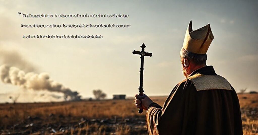 Kapłan katolicki trzymający krucyfiks na tle zniszczonej Ukrainy podczas wojny z Rosją, symbolizujący kryzys moralny nowoczesnej dyplomacji ignorującej królewszczyznę Chrystusa.