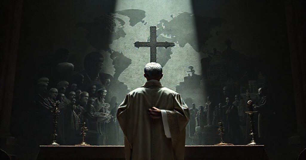 Cerkiewny kapłan w tradycyjnych szatach modlących się przed ołtarzem z krzyżem w ręku w obliczu globalnego handlu dziećmi