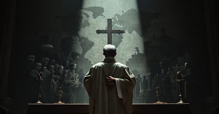 Cerkiewny kapłan w tradycyjnych szatach modlących się przed ołtarzem z krzyżem w ręku w obliczu globalnego handlu dziećmi