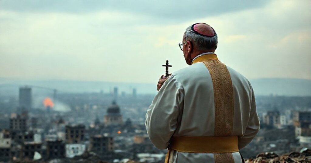 Sobieświąty katolicki kapłan w tradycyjnych szatach stoi przed zniszczonym miastem, trzymając różaniec i patrząc z powagą na odległą operację wojskową.