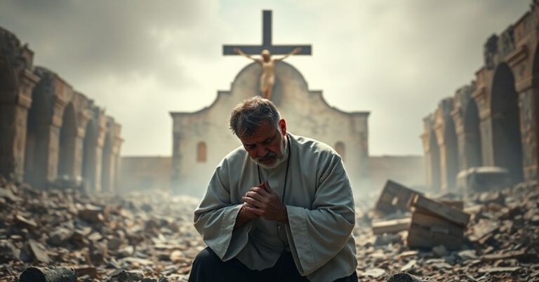 Kneeling priest in prayer before a ruined church in Gaza, symbolizing the spiritual crisis of modern peace negotiations without Christ's Kingship.