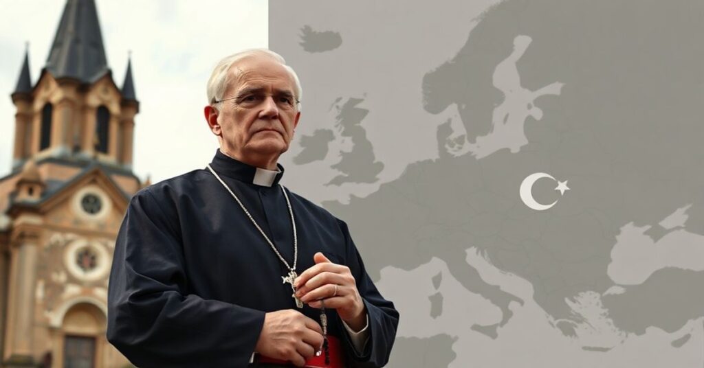 Książę kapłan stoi przed historycznym kościołem polskim, trzymając różaniec, z troską na twarzy. Na tle mapa Europy z cieniami Polski, Szwecji, Finlandii i Turcji symbolizującymi propozycje sojuszy.