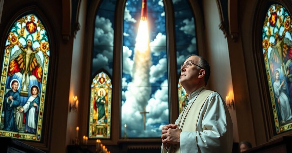 Kapelan katolicki w tradycyjnych szatach liturgicznych modli się w kaplicy przed kosmicznym zagrożeniem chińskiej rakiety.