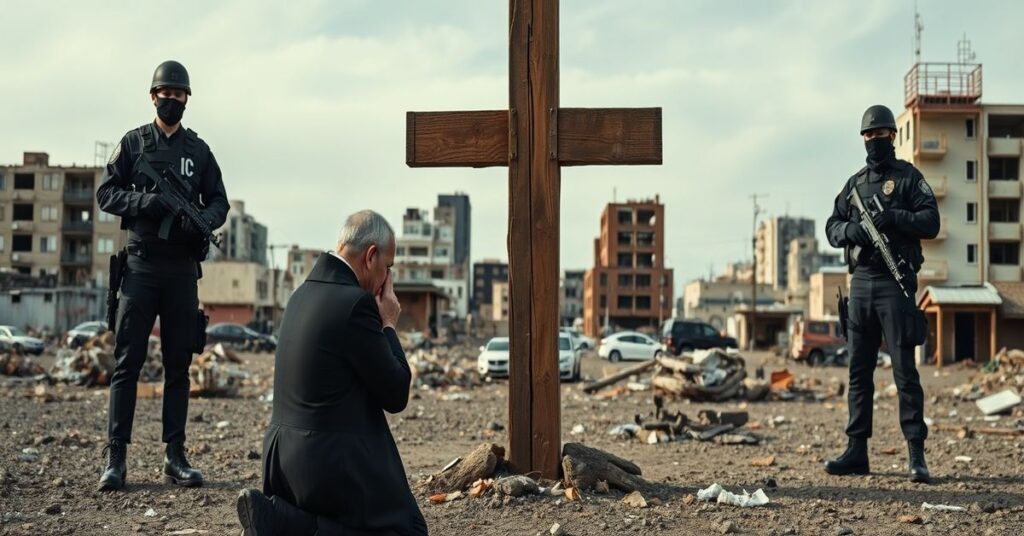 Kapłan katolicki w tradycyjnych szatach modli się przed krzyżem, na tle agentów ICE w pełnym uzbrojeniu. Scena symbolizuje duchową kryzys i tyranię w Ameryce.