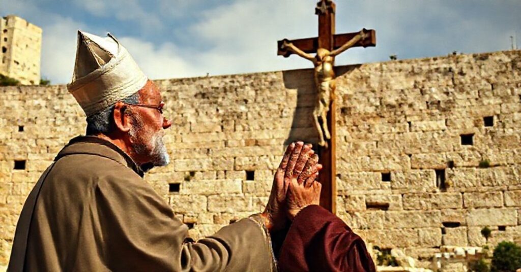 Solemne zdjęcie tradycyjnego kapłana w modlitwie przed krzyżem z tłem starych murów Jerozolimy, symbolizujące moralny kryzys współczesnej prasy.