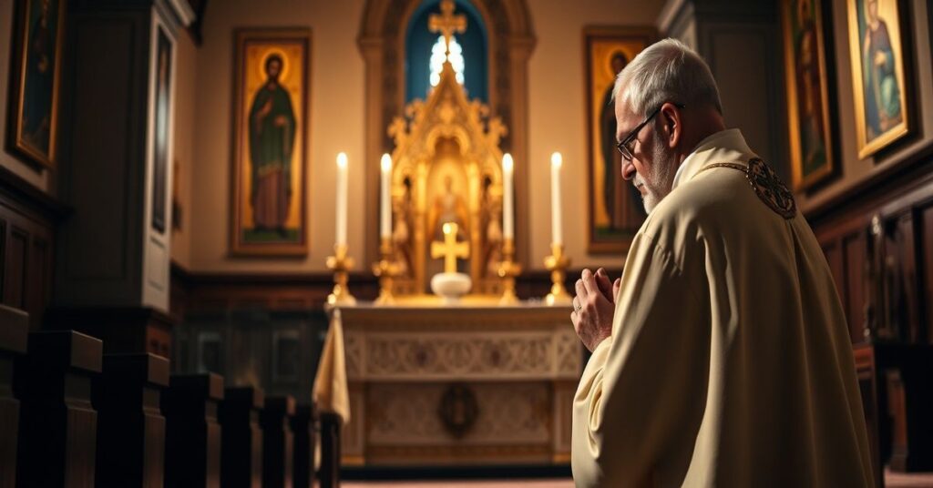 Kneeling Catholic priest in traditional garb praying before the Blessed Sacrament in a candlelit chapel.