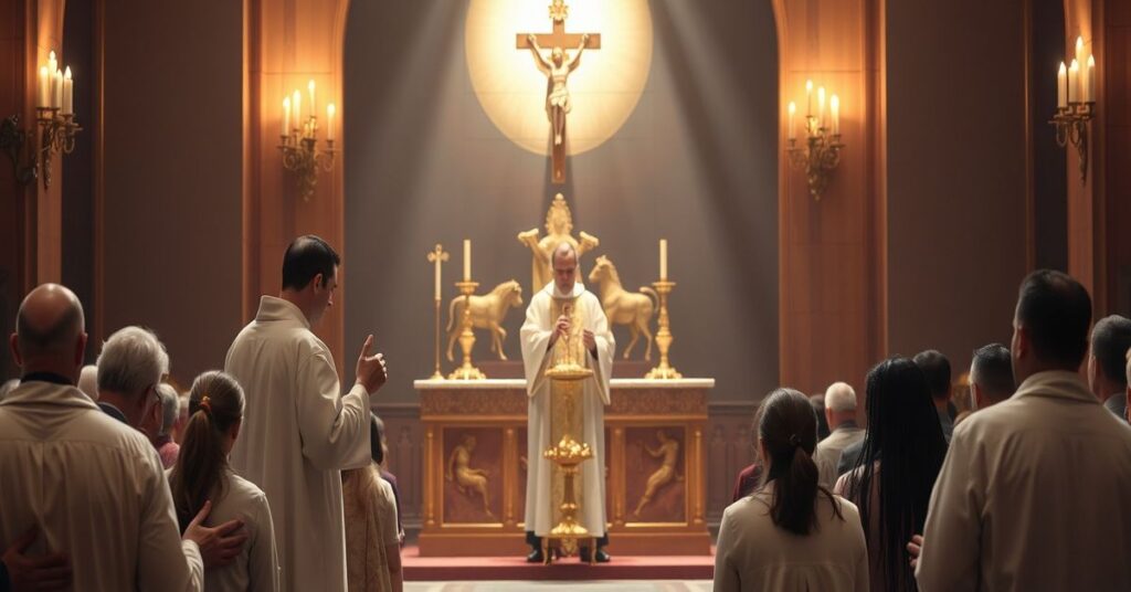 Kapłan w białej sutannie trzyma monstrancję z Najświętszym Sakramentem przed ołtarzem z krucyfiksem, podczas gdy wierni klęczą w modlitwie. Na tle widoczny jest złoty cielec jako symbol bałwochwalstwa.