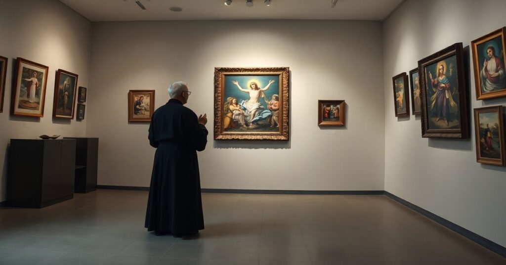 Stary kapłan modlący się przed obrazem Zmartwychwstania w galerii sztuki Nowego Targu podczas wystawy „Ogarnąć nieskończoność - Biblia w ilustracji”