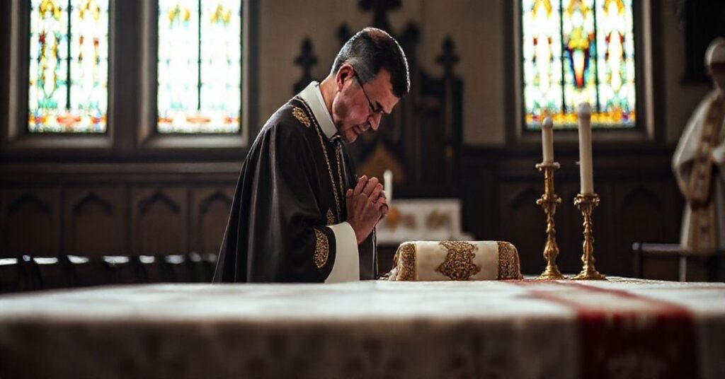 Kapłan w tradycyjnych szatach liturgicznych modli się przed posągami sakralnymi w koście