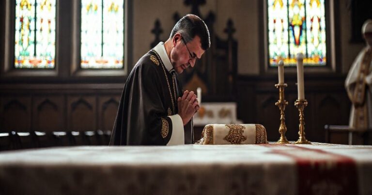 Kapłan w tradycyjnych szatach liturgicznych modli się przed posągami sakralnymi w koście