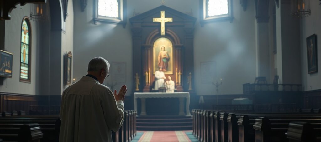 Wnętrze tradycyjnego kościoła katolickiego z kapłanem modlącym się przed tabernakulum.