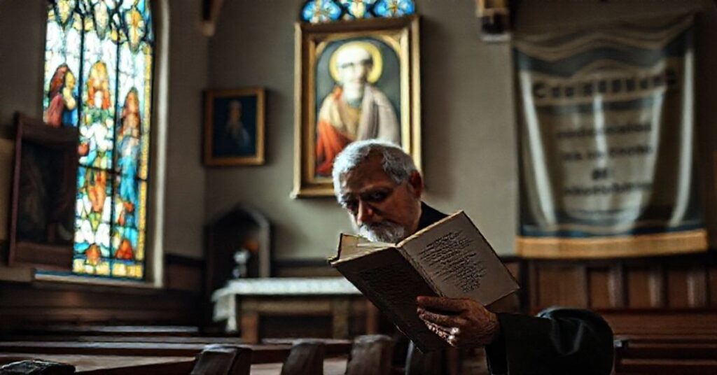Przykład tradycyjnego wnętrza kościoła katolickiego z przerażonym trądowym kapłanem modlącego się przed zamkniętym tabernakulum.