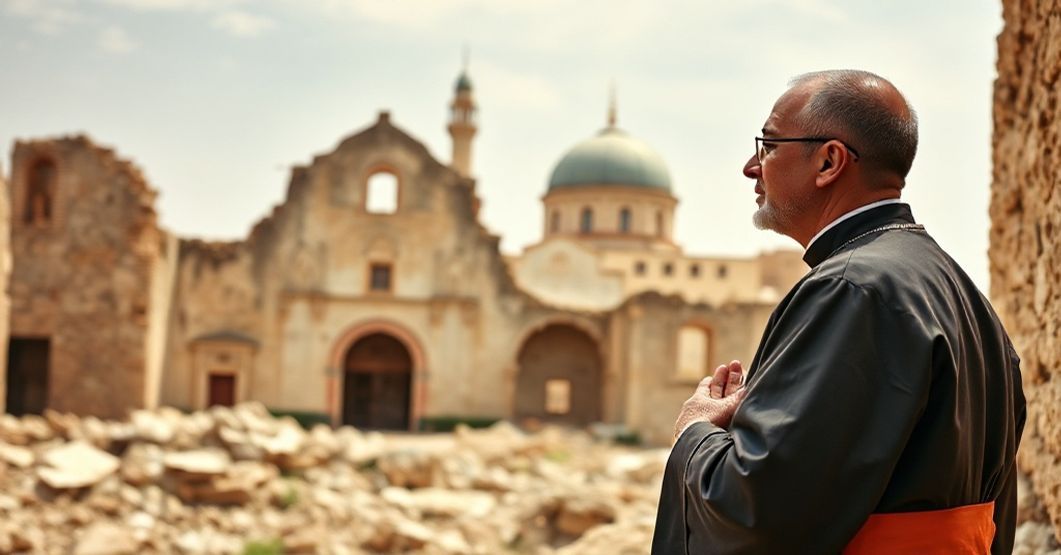 Stojący w modlitwie katoliccy kapłan w tradycyjnych szatach przed zdewastowanym kościołem w Algierii, symbolizujący prześladowanie chrześcijan.