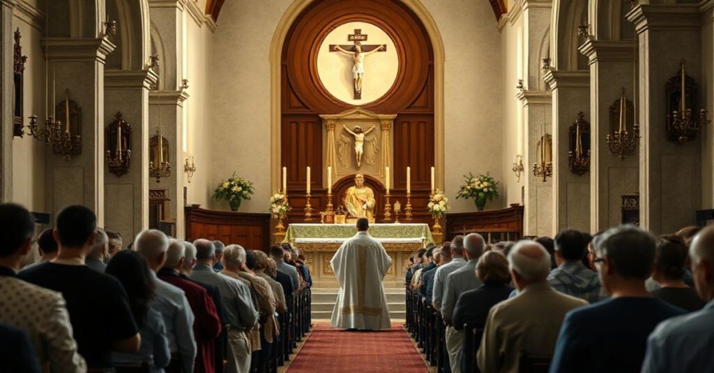 Wnętrze tradycyjnego kościoła z kapłanem modlącym się przed ołtarzem i wierzącymi w tle.