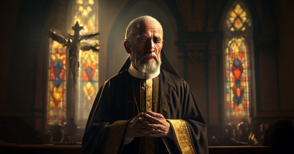 Katolicki kapłan w tradycyjnych szatach modli się w ciemnym koście z witrażami, rozmyślany nad kryzysem władzy w amerykańskiej Straży Granicznej i potrzeba przewodnictwa Bożego.