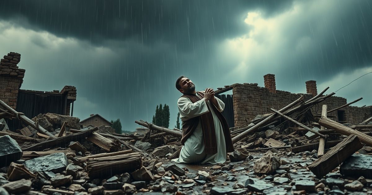 Katolicki kapłan modlący się w ruinach podczas ulewnych deszczy w Pakistanie, symbol pokory wobec Bożego gniewu