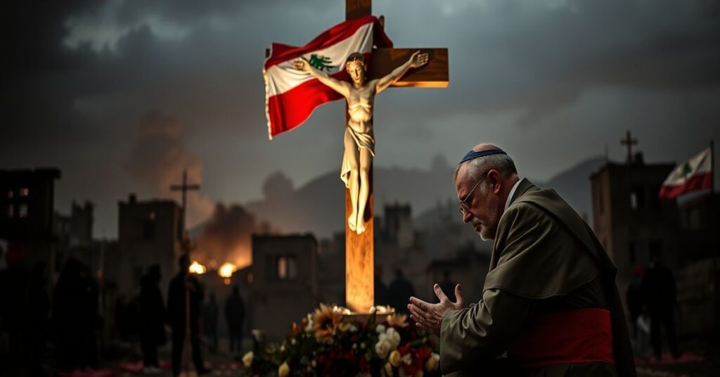 Sobór katolicki w Libanii: kapłan modlący się przed krzyżem w czasie wojny