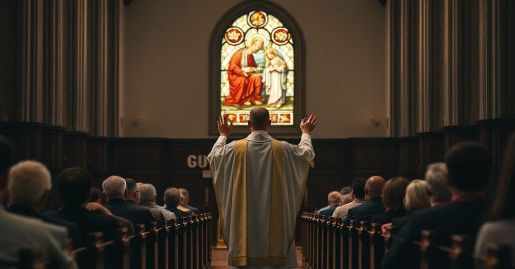 Wnętrze tradycyjnego kościoła katolickiego z kapłanem w ornaty modlącym się przy ołtarzu. Przez witraż z obrazem Świętej Rodziny przecieka powściągliwe światło. Wierni siedzą w ławkach w nabożnej ciszy, ich twarze oświetlone słabym połyskiem świec. Scena symbolizuje głęboką refleksję duchową i apel o obronę prawa naturalnego przed współczesnymi ideologiami.