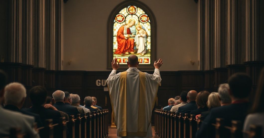 Wnętrze tradycyjnego kościoła katolickiego z kapłanem w ornaty modlącym się przy ołtarzu. Przez witraż z obrazem Świętej Rodziny przecieka powściągliwe światło. Wierni siedzą w ławkach w nabożnej ciszy, ich twarze oświetlone słabym połyskiem świec. Scena symbolizuje głęboką refleksję duchową i apel o obronę prawa naturalnego przed współczesnymi ideologiami.