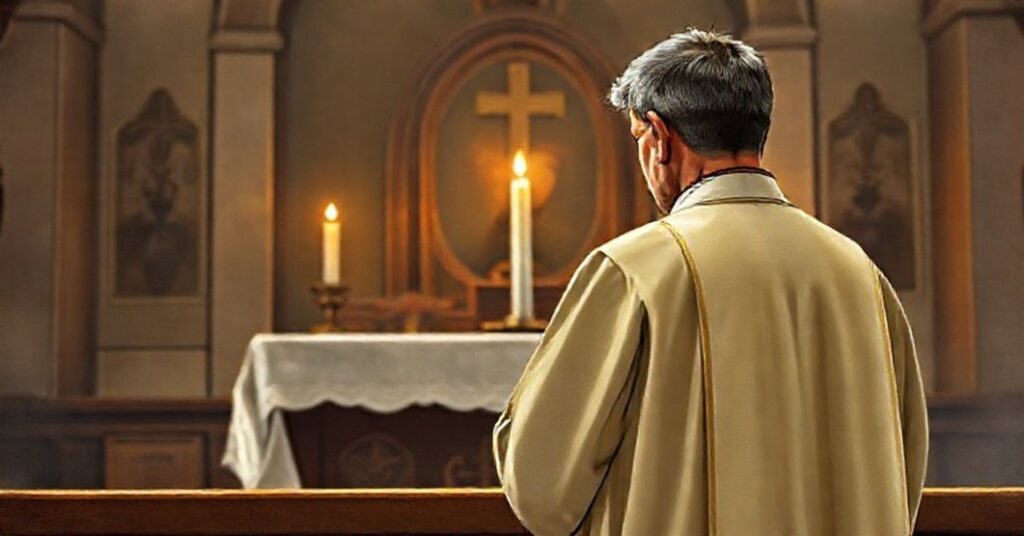 Tradycyjny kapłan w habitach modli się za dusze w czyśćcu przed ołtarzem z paliącym się świeczką.
