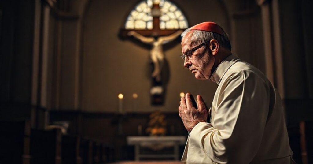 Tradycyjny kapłan w modlitwie przed krzyżem w ciemnym koście