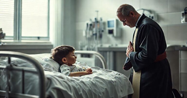 Tradycyjny kapłan w ubraniu liturgicznym modli się za dzieckiem z aparatem słuchowym w szpitalu bez duchowej opieki