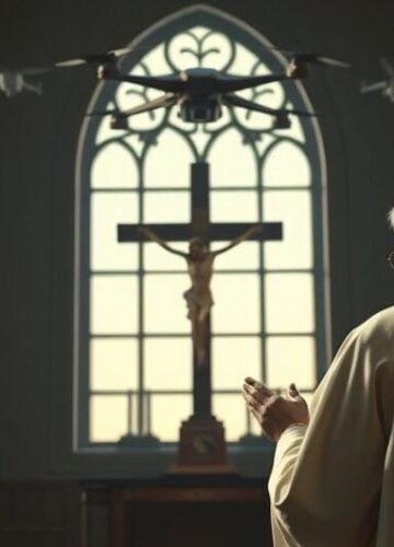 Kapłan modlący się nad zagrożeniem dronów w tradycyjnym kościele Kapłan modlący się w kościele z dronami w tle, symbolizując sekularyzację i brak wiary w Bożą opiekę