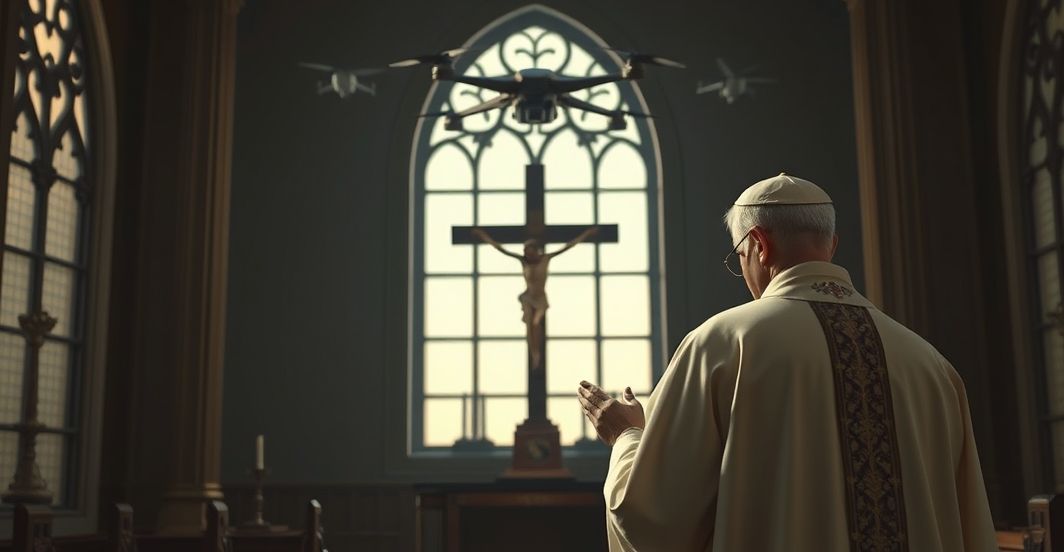 Kapłan modlący się nad zagrożeniem dronów w tradycyjnym kościele Kapłan modlący się w kościele z dronami w tle, symbolizując sekularyzację i brak wiary w Bożą opiekę