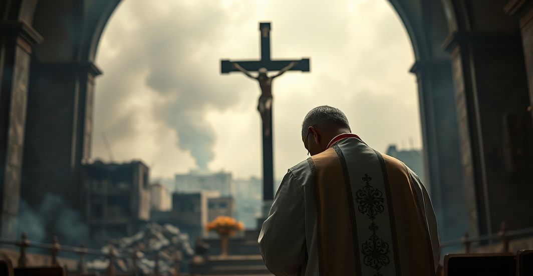 Kapłan modlący się nad zniszczonym Gazy w duchu pokuty Kapłan modlący się z krucyfiksem na tle zniszczonego Gazy, ukazujący duchową tragedię i potrzebę nawrócenia