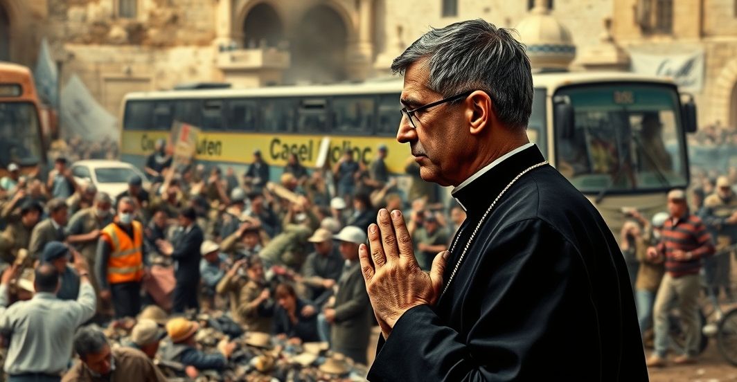 Kapłan w modlitwie podczas tragedii w Jerozolimie Kapłan katolicki modlący się w obliczu tragedii w Jerozolimie, scena pełna powagi i duchowego skupienia