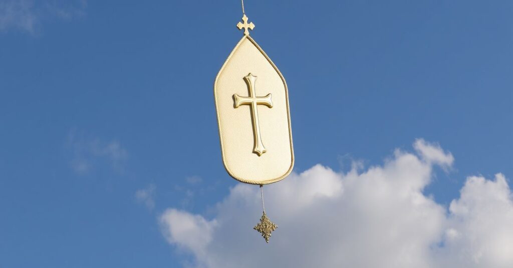 Kapłan w ornacie mszałowym modli się przed krucyfiksem w klasztorze.