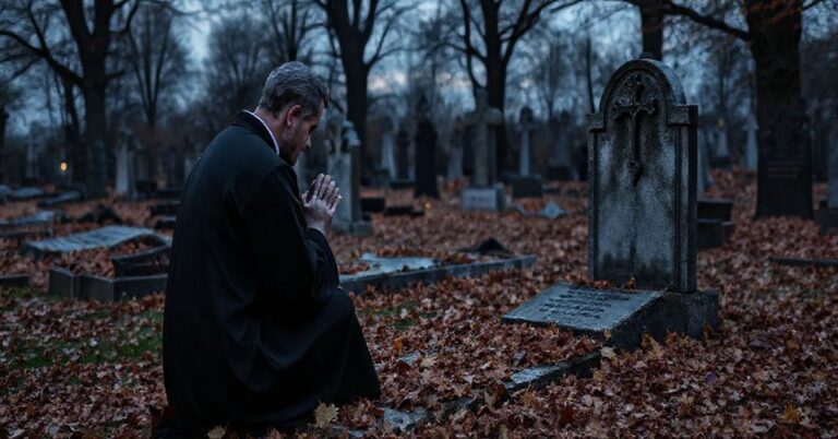 Tradycyjny katolicki cmentarz w Sandomierzu w świetle zmierzchu z kapłanem modlącym się przy grobie z krzyżem w otoczeniu jesiennych liści.