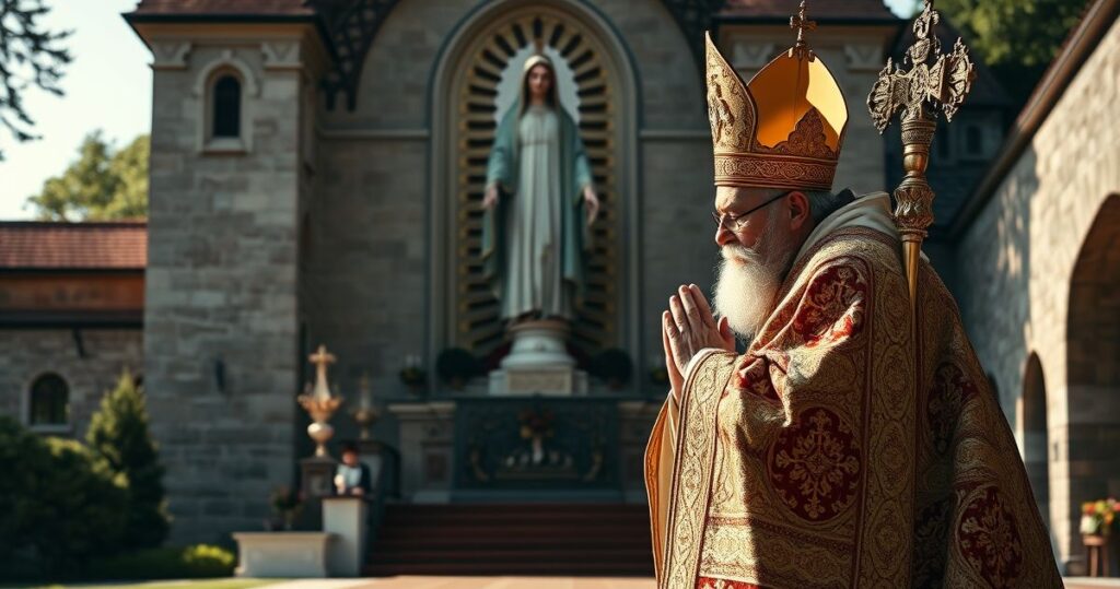 Kapłan w tradycyjnym stroju modli się przed obrazem Matki Bożej Częstochowskiej na Jasnej Górze, ukazując powagę i głęboki szacunek dla katolickiego dziedzictwa.