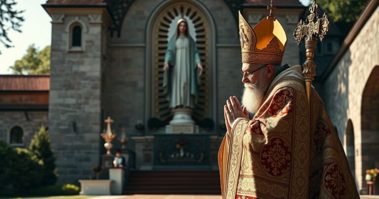 Kapłan w tradycyjnym stroju modli się przed obrazem Matki Bożej Częstochowskiej na Jasnej Górze, ukazując powagę i głęboki szacunek dla katolickiego dziedzictwa.