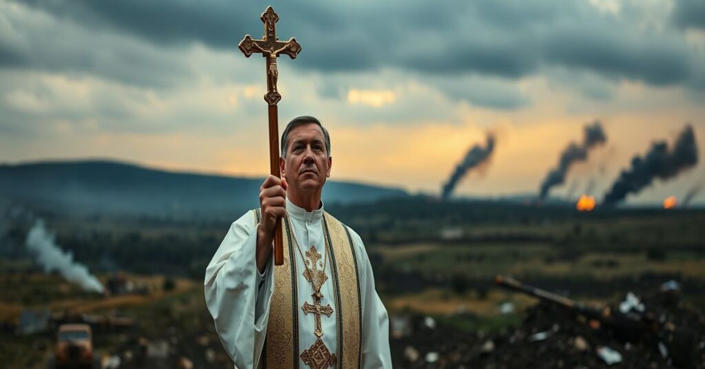 Ksiądz katolicki w tradycyjnych szatach liturgicznych modli się na tle wojny zawszechnej bez Chrystusa Króla