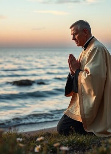 Catholic priest praying by the Baltic Sea reflecting moral and spiritual crisis Kapłan modlący się nad Bałtykiem, ukazujący powagę i refleksję katolicką wobec kryzysu ekologicznego i moralnego