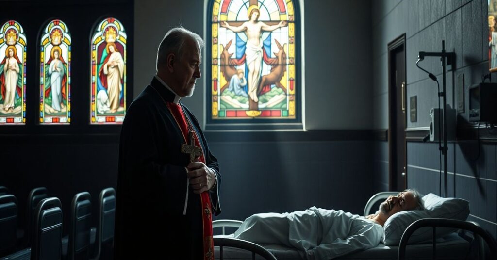 Sobór kościelny z kapłanem w tradycyjnym stroju wpatrzonym w łóżko szpitalne z pacjentem psi-chatycznym; kontrast między miłosierdziem Bożym a kanadyjskimi prawami na eutanazję.