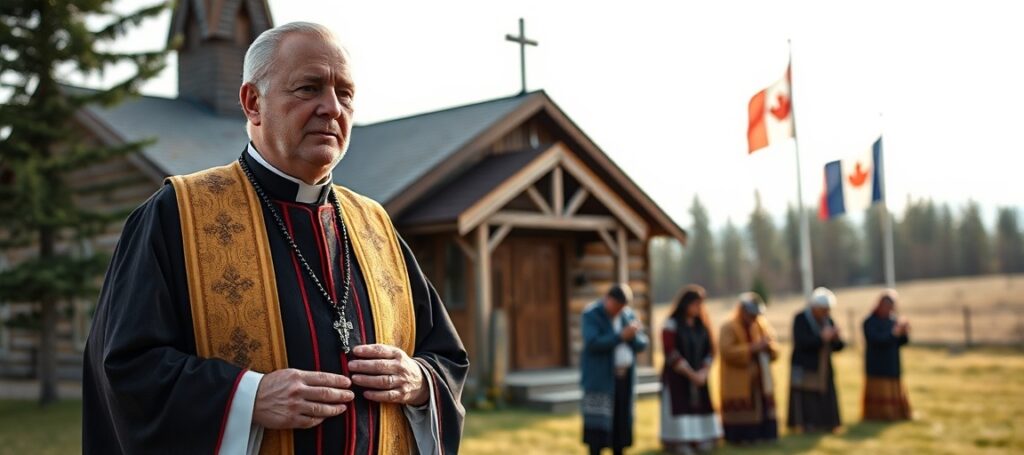 Kapłan katolicki w tradycyjnych szatach modli się przed kościołem w Albercie z rdzennymi mieszkańcami w tle