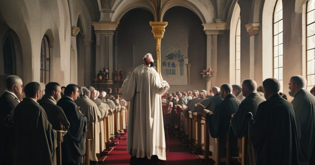 Tradycyjny wnętrze kościoła katolickiego z kapłanem przy ołtarzu i grupą modlących się wiernych