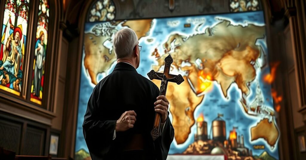 Kapłan katolicki w tradycyjnym kościele z krzyżem w ręku patrzy na mapę świata z palącymi się tankowcami na tle, symbolizującą konsekwencje odrzucenia Chrystusa Króla i potrzebę pokuty.