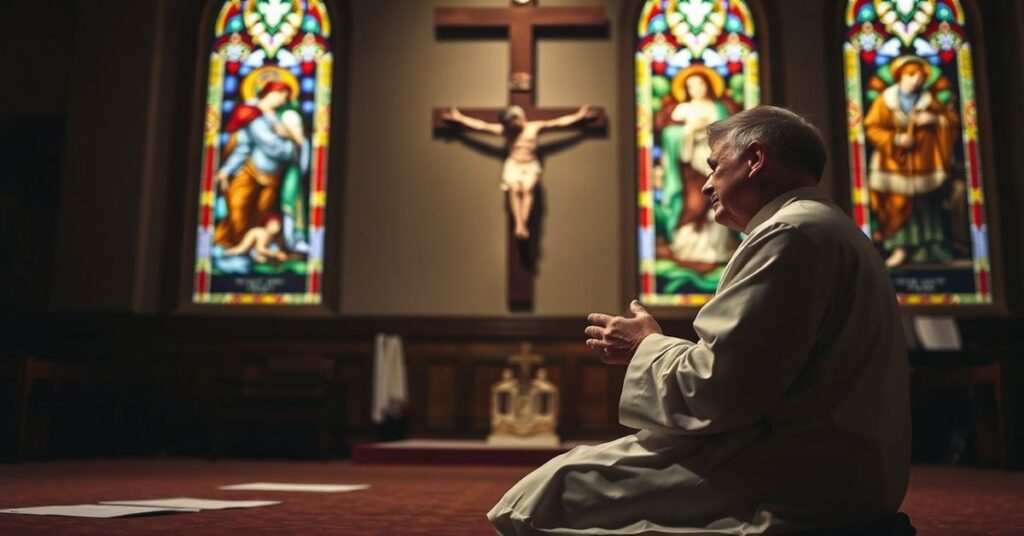 Tradycyjny katolicki kapłan modlący się przed krucyfiksem w ciemnej kościelnej kaplicy z witrażami przedstawiającymi skutki narkomanii i upadku społeczeństwa.
