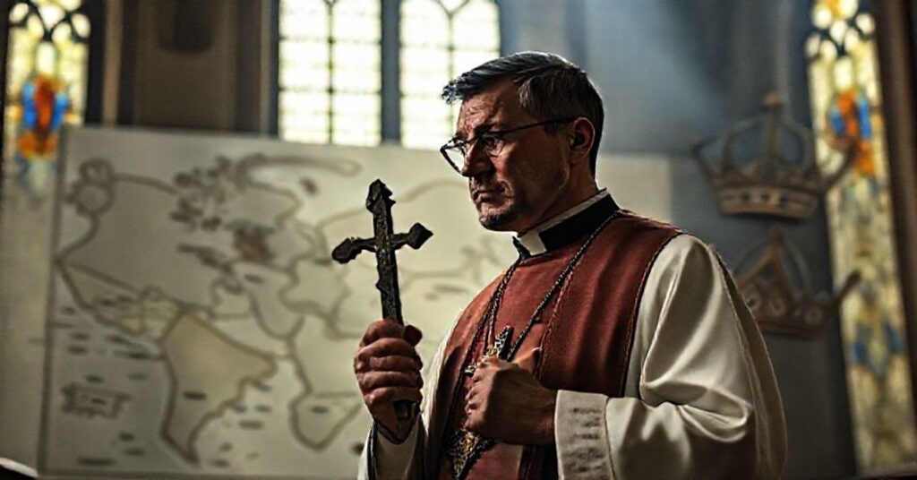 Kapłan w stroju liturgicznym patrzy na podzieloną mapę świata z konfliktami w Ukrainie i Peru, symbolizując brakujący pokój Chrystusa Króla.