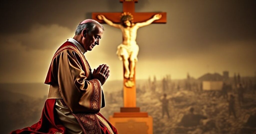 Sobeczna katolicki kapłan w tradycyjnych szatach modląc się przed krzyżem z przykrością na twarzy, symbolizujący upadek świeckiego prawa wobec boskiego prawa Chrystusa Króla.