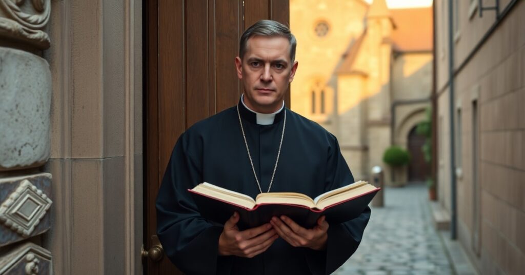 Kapłan katolicki modlący się przed domem w europejskim mieście – symbol walki o wolność religijną w duchu tradycyjnego katolicyzmu