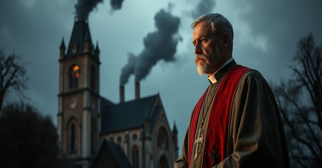 Kapłan katolicki w tradycyjnych szatach liturgicznych modli się w obecności niemieckiej fabryki zbrojeniowej