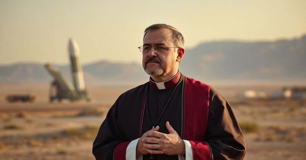 Sobótni kapłan w tradycyjnych szatach liturgicznych modli się w obecności tła z irańską bazą rakietową.