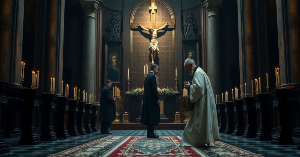 Tradycyjny kapłan modlący się przed krucyfiksem w ciemnym wnętrzu kościoła