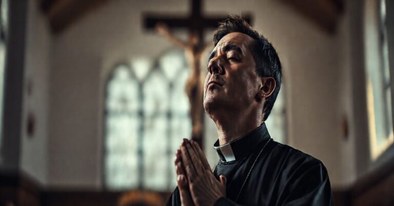 Sobieżny fotograf tradycyjnego kapłana modlącego się przed krucyfiksem, symbolizujący kontrast między prawdziwą wiarą a nowoczesnymi odstępstwami, w atmosferze głębokiej pobożności i tragicznej ironii.